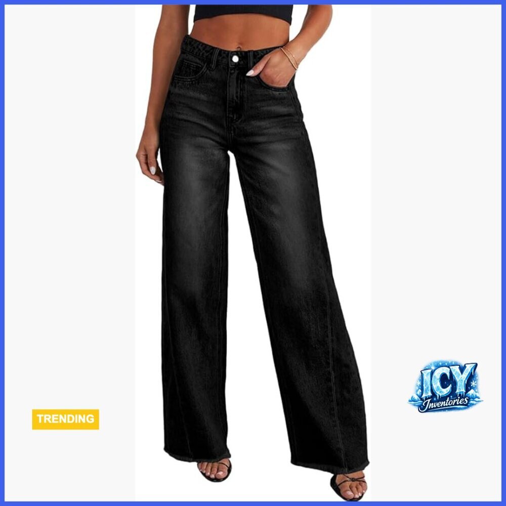 Wide Leg Jeans High Waisted Stretchy Raw Hem Denim Pants